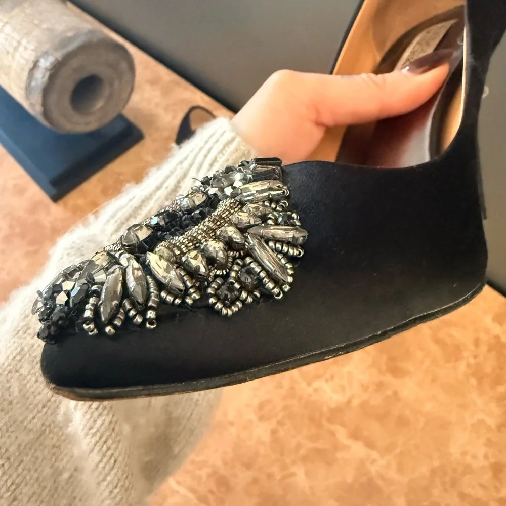 Badgley Mischka Black Satin Embellished Heels - Picture 8 of 11